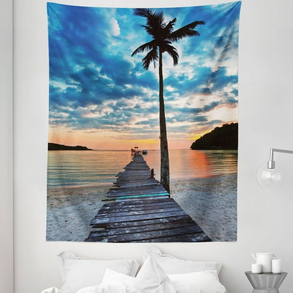 Pier Tapestry, Wooden Plank Grunge Jetty Through the Calm Ocean Tropic Palm Tree and Dramatic Sky, Fabric Wall Hanging Decor for Bedroom Living Room Dorm, 5 Sizes, Multicolor, by Ambesonne