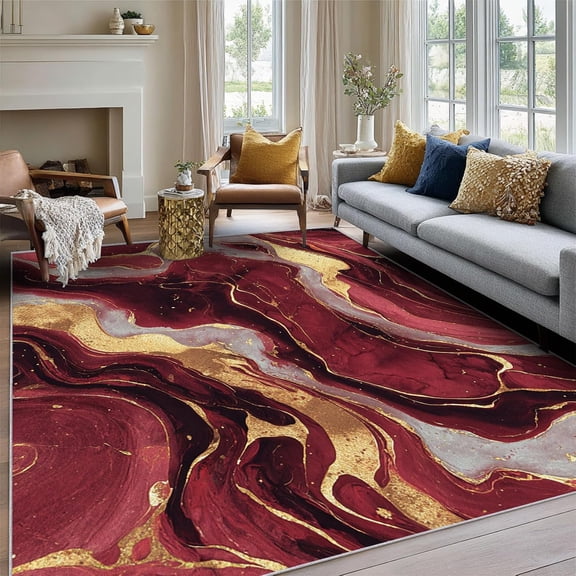 Burgundy Gold Marble Area Rugs, Abstract Modern Carpet, Washable Non Slip Low Pile Soft Rug for Living Room Bedroom Decor Mat 2x3ft