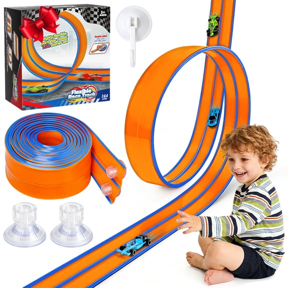 Flooyes 15FT Flexible Race Track for Kids, Bendable Track with Suction Cups, Portable & Foldable Indoor/Outdoor Toy, Compatible with Most 1:64 Toy Cars, Creative Gift for Boys & Girls
