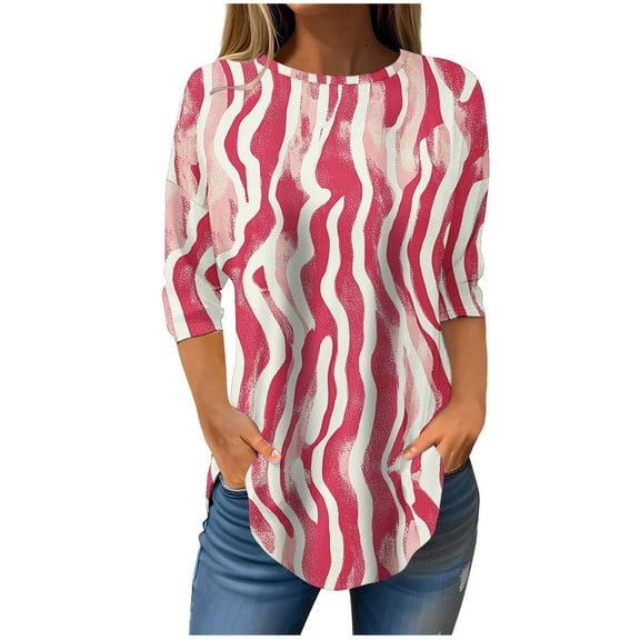 Ruimatai Women's 3/4 Sleeve Blouse Round Neck Casual Loose Tops Polyester Comfortable Fashion Summer Spring Pullover Shirt Daily Wear