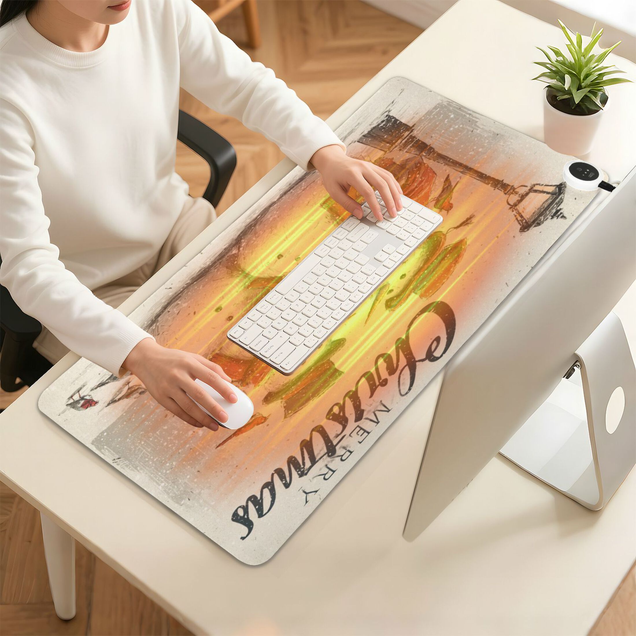 Wobogo Vintage Snowmen Heated Mouse Pad Extra-Large Desk Mat With 3 Heating Levels and 3-hour Auto Shut-Off Protection Ideal for Computer Keyboards Home Office Hand-warming Essential 31.5in × 13in
