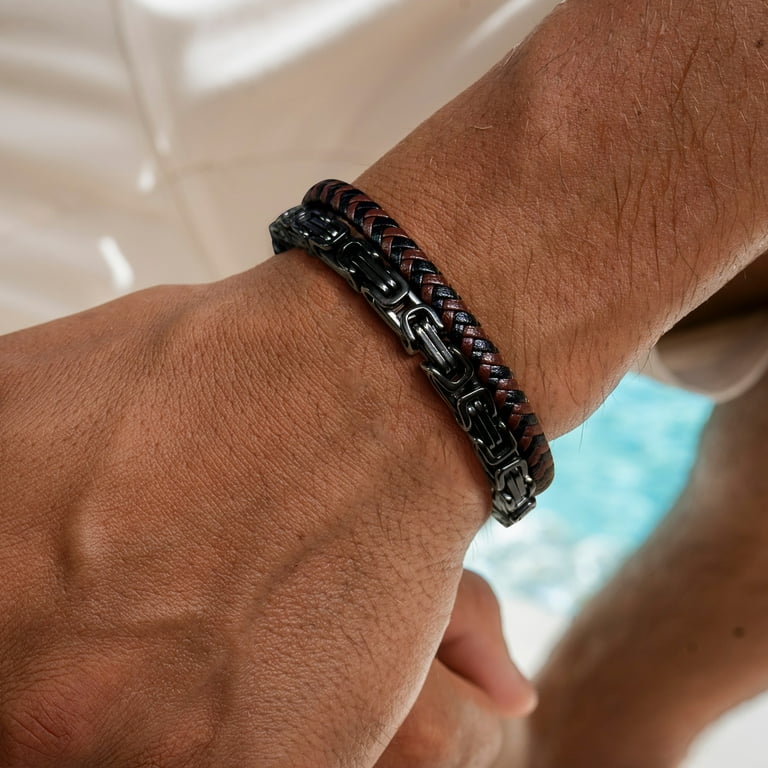 Jewmon Men's Black Leather and Stainless Steel Bracelet, Magnetic