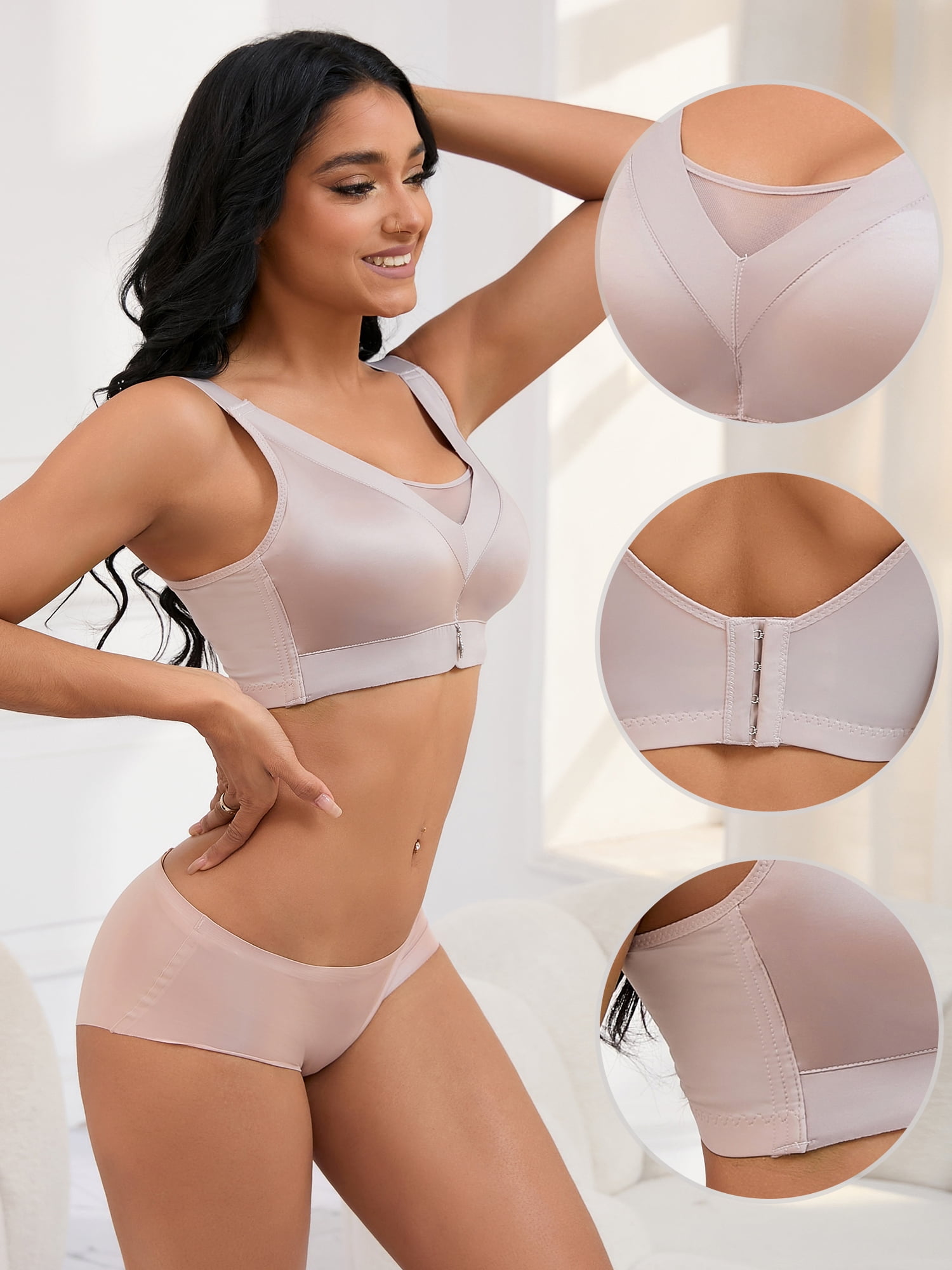 Unique Bargains Women's Wirefree U Back V-Neck Mesh Minimizers Bras L Light Brown