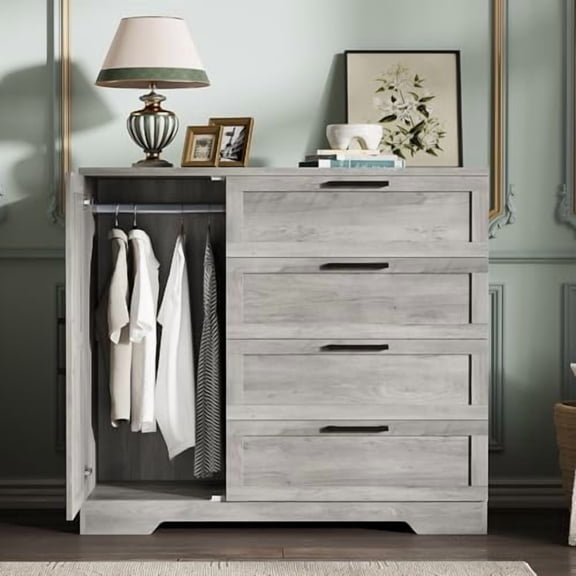 Grey Wooden Armoire Wardrobe Closet, 43.3" Tall Clothing Cabinet with Hanging Rod and 4 Storage Drawers for Bedroom