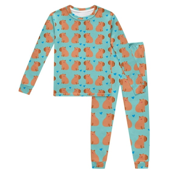 Kids Clothing, Adorable Capybara Print Long Sleeve Pajama Set For Girls Cozy Winter Sleepwear Two-Piece Outfit With Elastic Waistband Comfortable Loungewear(Green,3-4 Years)