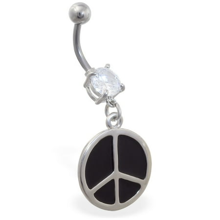 - Jeweled Belly Button Ring With Dangling Peace Sign,Clear