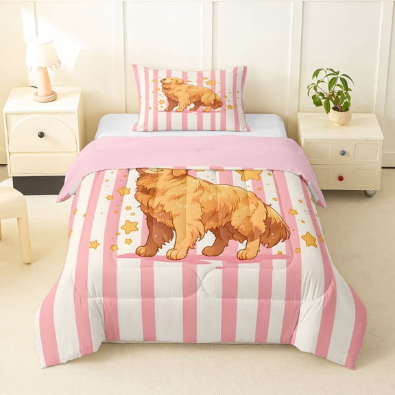 Homewish Cute Golden Retriever Dog Twin Comforter Sets,Cartoon Animal Bedding Set,Pink White Stripes Decor,Pink Reversible,2 Pieces,1 Comforter and 1 Pillowcase