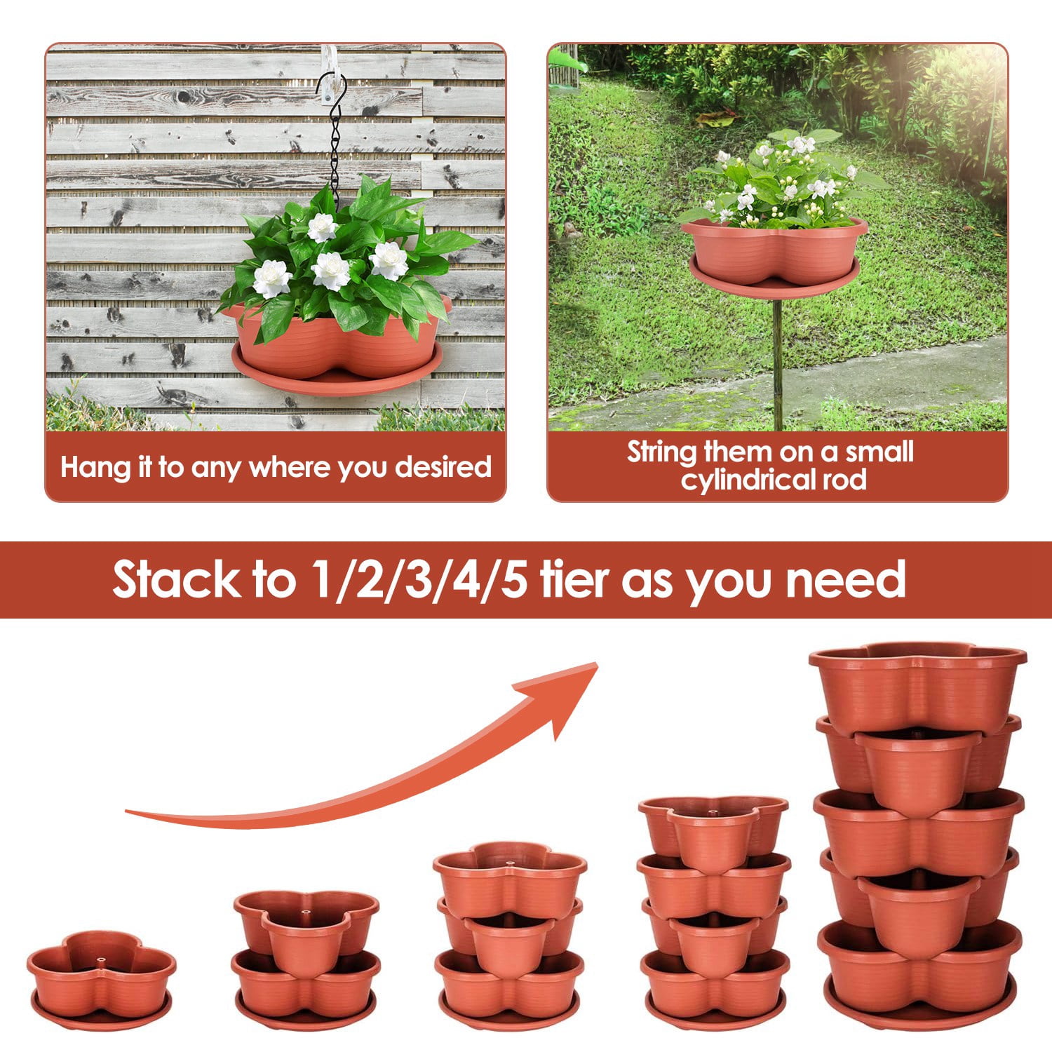 Moclever 5 Tier Vertical Stackable Planter, Garden Tower Gardening Pots for Flowers Vegetables, Red