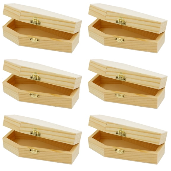 Pack of 6 - Small Unfinished Wood Funeral Coffins, 6 x 3 x 1.75 Inch Size, Fillable for Halloween Parties, Goth, Decoration, Small Pet Burials