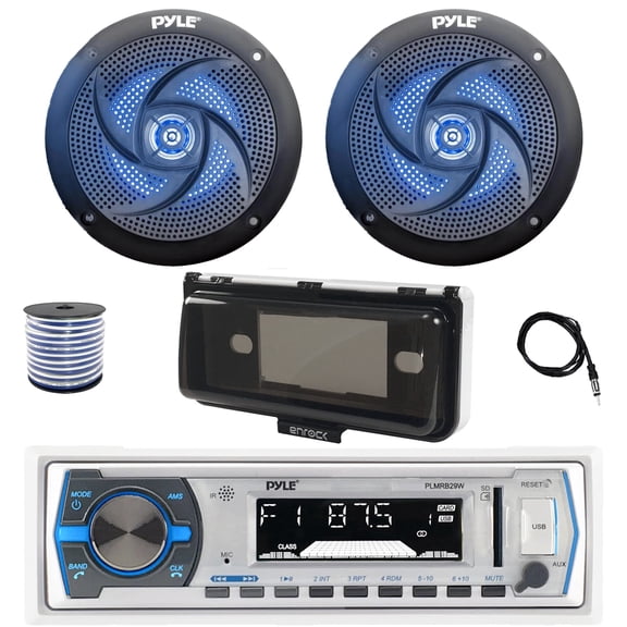 Pyle PLMRB29W Single DIN Bluetooth Marine MP3 AM/FM Stereo Receiver with White Cover, 22" Radio Antenna, Wire, 2x 5.25" 180 Watt Max 2-Way  Blue Flashing LED Boat Audio Speakers (Black)
