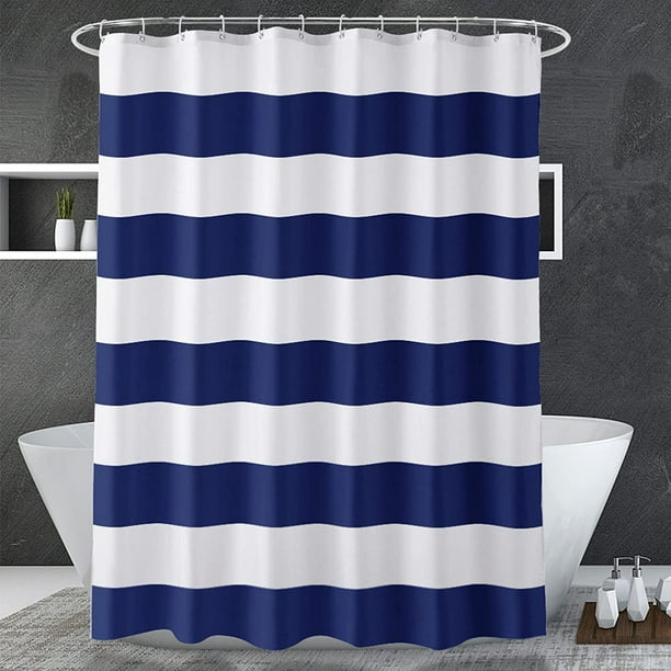 Cortina de ducha azul marino con rayas, 180 x 180 cm, color azul y blanco, tela impermeable para baño.