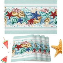 Summer Ocean Beach Teal Placemats Set of 6 Washable Table Mats for Kitchen Dining Table, Heat-Resistant Cotton Linen Place Mats for Indoor Outdoor Parties Holiday Decoration, Starfish Shells Coral