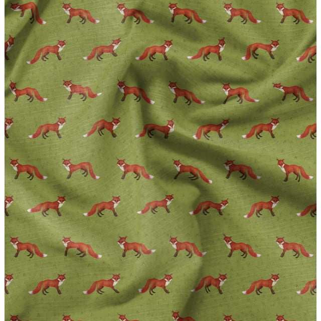 Soimoi Tissu Satin Modal Vert Imprimé Renard Animal au Mètre 42 Pouces de Large
