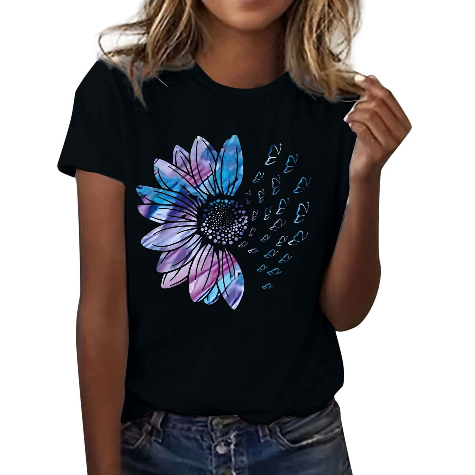 WEIYLL Ladies T Shirts Letter Print Short Sleeve Crew Neck Black Blouse Sizes L