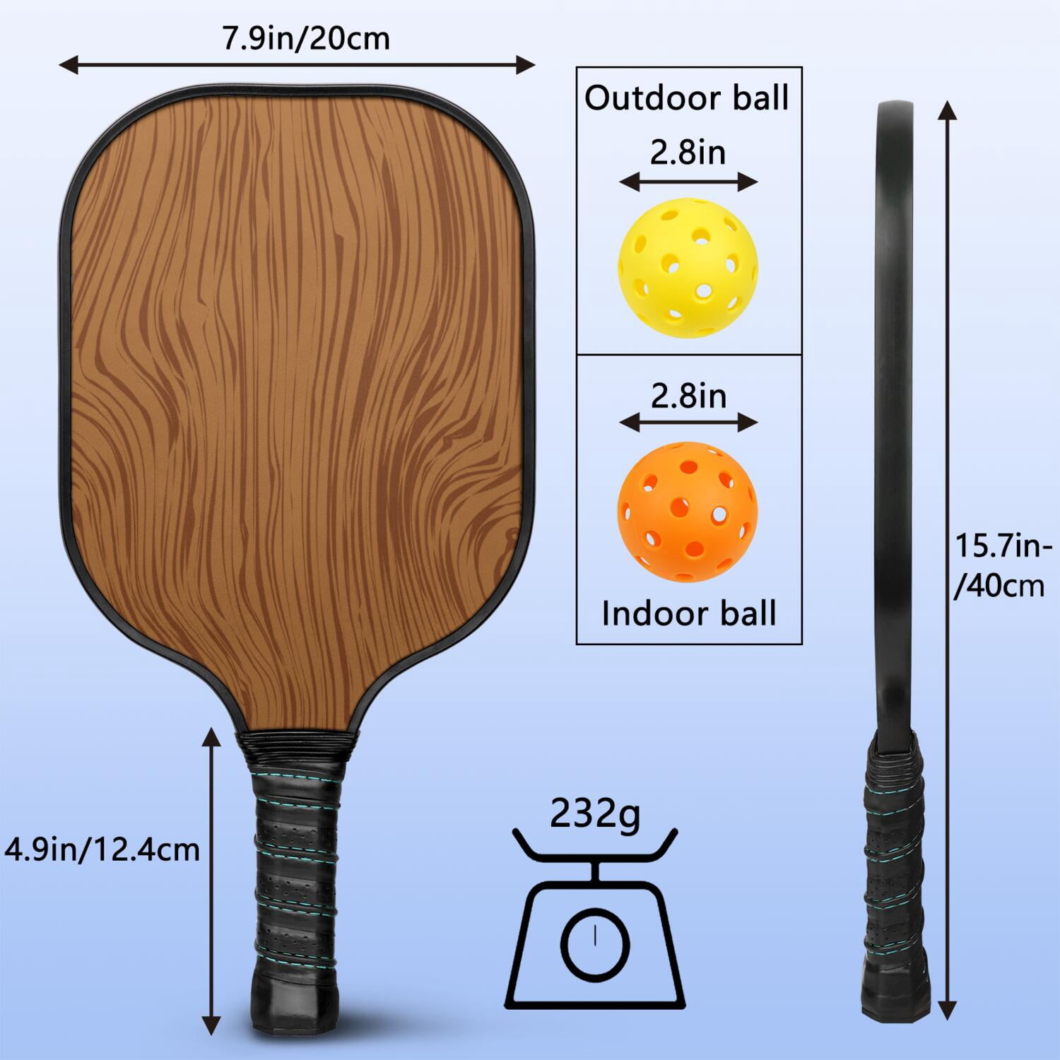 Pickleball Paddles Set Of 1, Fiberglass Surface, Wood Grain Print, 1 Paddle, 2 Balls & Bag