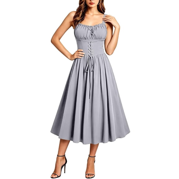 Huowey Halloween Renaissance Women Witch Vampire Off Shoulder Gothic Dresses Elegant Cosplay Party Gown Spaghetti Strap Scoop Neck Trendy Trick Or Treat Dress,Grey,XL