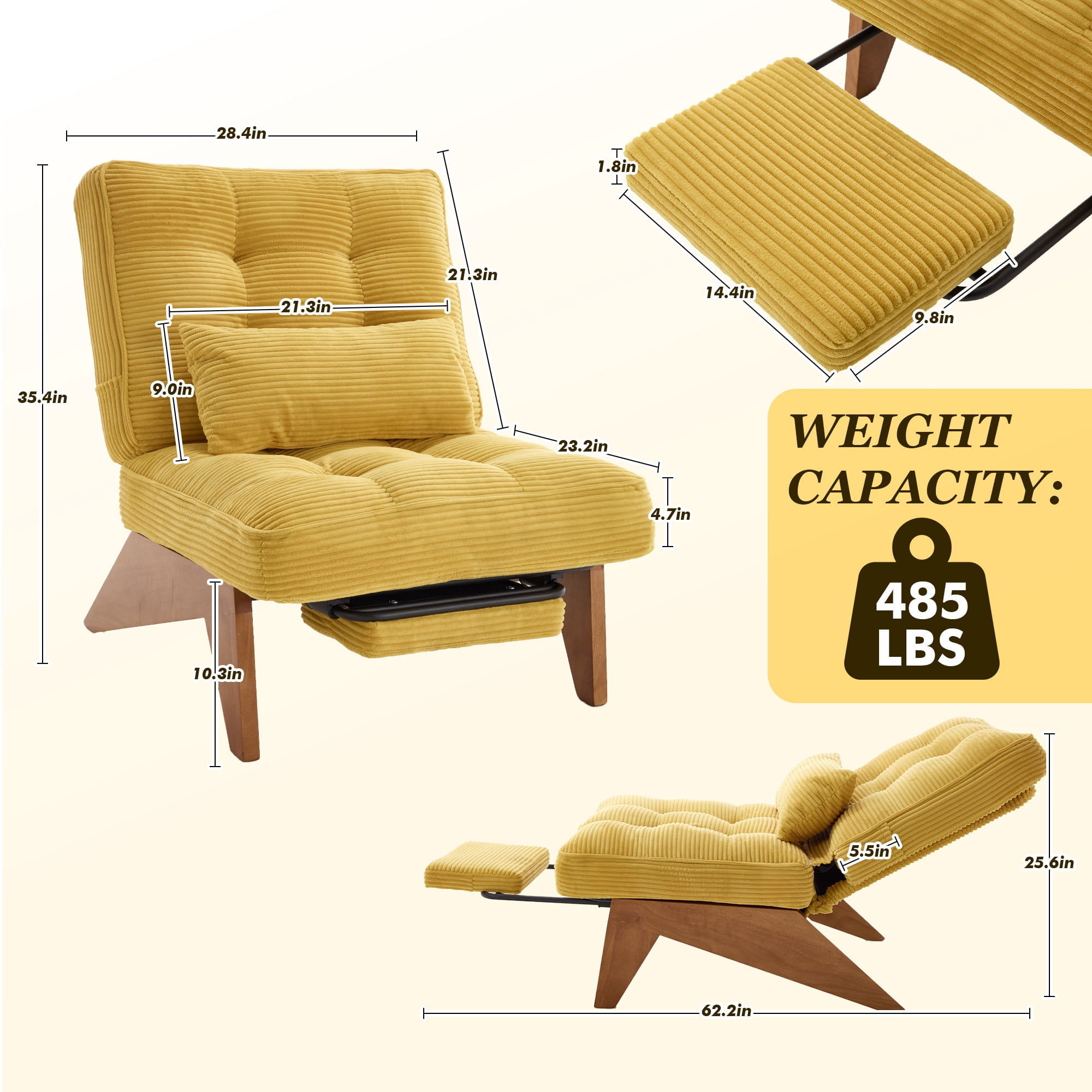 MOONMISS Modern Adjustable Lounge Chair with Footrest,Wooden Base Upholstered Recliner for Reading Rest Corduroy