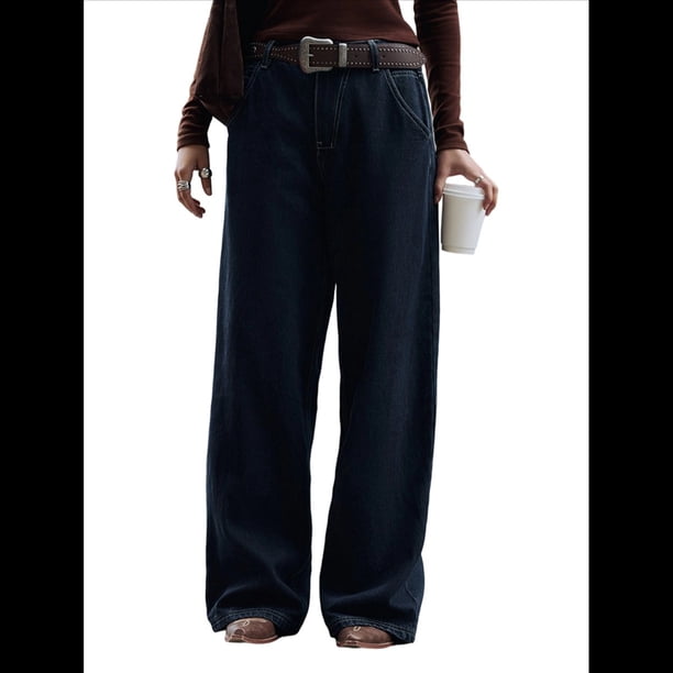 Vaqueros Holgados de Tiro Bajo para Mujer, Estilo Y2K, Rectos, Anchos y Estilo Boyfriend, Estilo Urbano, Informales Azul Oscuro M
