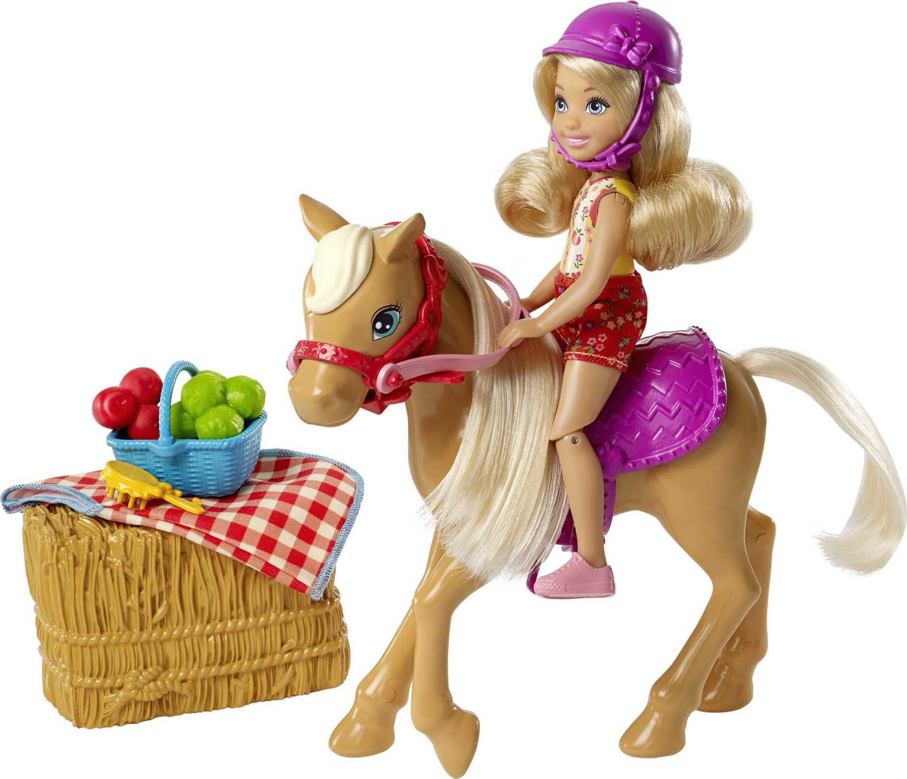 Klooster omvatten envelop Barbie Club Chelsea Doll & Horse, Sweet Orchard Farm Blonde Small Doll,  Brown Horse & Accessories - Walmart.com