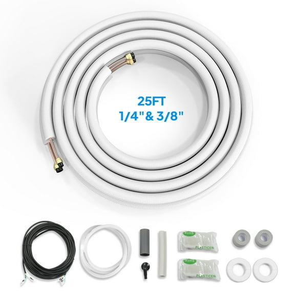VINGLI 25 Ft Mini Split Line Set, 1/4" & 3/8" O.D. Flared Copper Tubing Pipes and 3/8" Thickened PE Insulated Coil with Nuts & Kit for Mini Split Air Conditioner & Heat Pump System