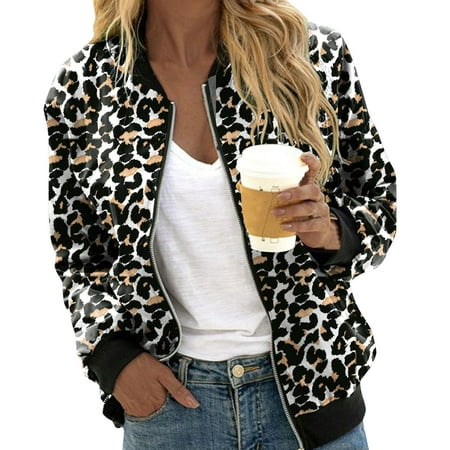 

Hwmodou Womens Casual Jackets Short Sleeve Casual Daily Lightweight Zip Up Casual Leopard Floral Print Coat Stand Collar Sports Outwear Zipper Tops Jackets For Women