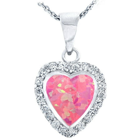 Created Pink Tourmaline Pendant - Created Pink Opal and CZ Sterling Silver Heart Necklace, 18
