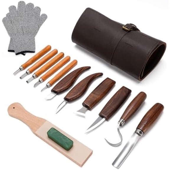 15PCS Wood Carving Kit, Wood Carving Tools Wood Whittling Kit Walnut Handle Wood Scraper with Polishing and Sharpening Stone for Beginner Adults Wood Carving DIY$$Art & Craft