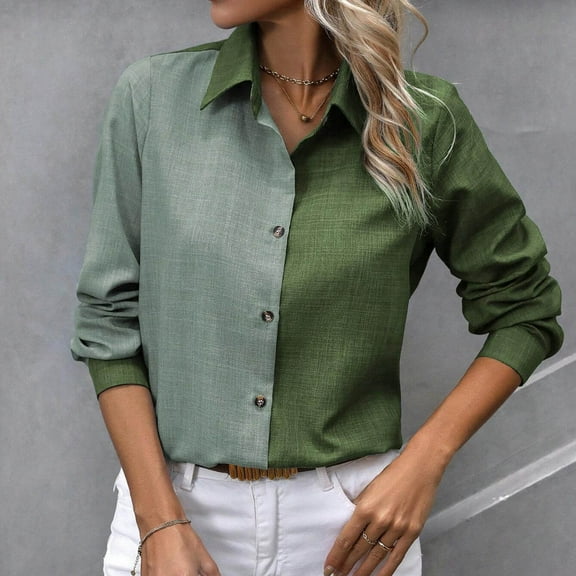 jobturf Button Down Shirts for Women Color Block Linen Long Sleeve Blouses Cute Turn Down Neck Classic Casual Work Business Dress Shirts