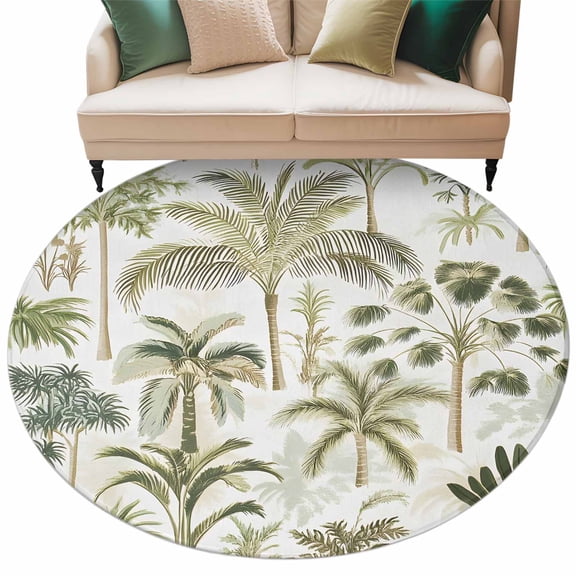 Green Palm Tree Round AreaRug 6ft Vintage Watercolor Tropical Forest Plant Botanical Non-SlipWashable Circle Rugs Soft Felt Indoor Floor Mat for Bedroom Kitchen Living Room Bathroom