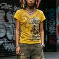 thumbnail image 5 of UOCUFY Grunge Shirts Emo Clothes Teen Girls Vintage Graphic Tee Y2k 2000s Goth Top Women Mcbling Short Sleeve Streetwear (Yellow, L), 5 of 8