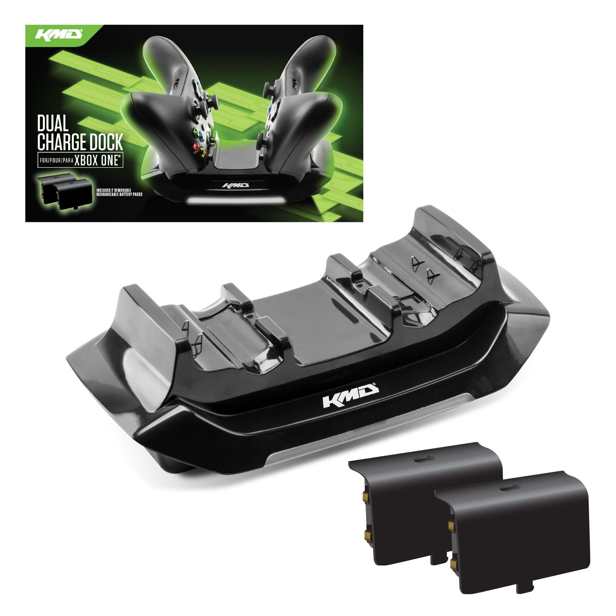 KMD Xbox One Charger Dual Charge Dock Bundle (Included: 2 pack 1200mAh  Ni-MH batteries) - Black