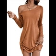 thumbnail image 2 of Vestido Mini Túnica de un Solo Hombro para Mujer, Larga, Liso, con Dobladillo Torcido, Elegante, Informal, Holgado, para y Verano. Marrón L, 2 of 10