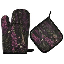 Yayeee Oven Mitts and Pot Holder Set of 2 Heat Resistant Kitchen Gloves Baking Hot Pad, Dark Purple Floral Pattern