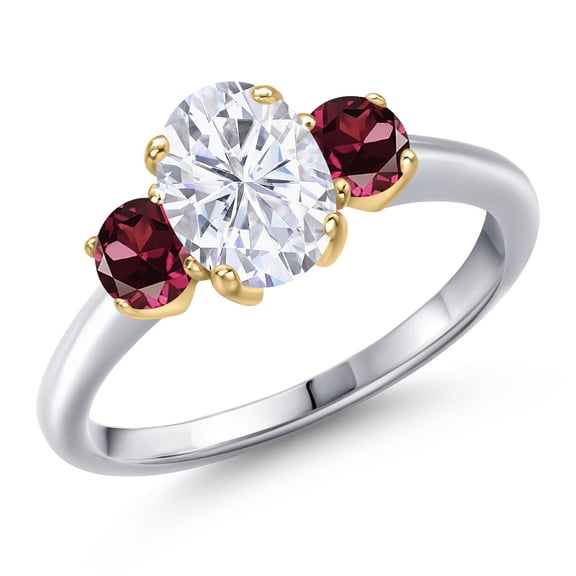 Gem Stone King 10K Two Tone Gold White Moissanite and Red Rhodolite Garnet Engagement Ring for Women | 2.24 Cttw | Oval 8X6MM | Gemstone Birthstone | Size 7