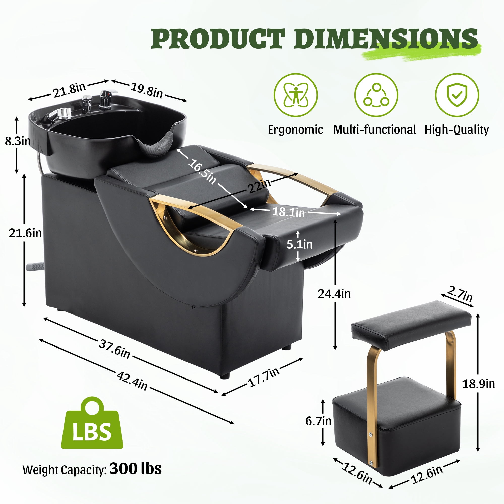 Miniyam 42.4" x 21.8" x 30" Shampoo Bowl & Chair Set with Footstool – Heavy Duty 300 lbs, Deep ABS Basin, Neck Rest, Black & Gold – for Salon Spa Barber