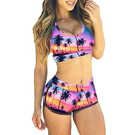 LELINTA Tree Print Tank Sports Bikini Set Boyshort Padded Swimsuit Bathing Suits for (Best Swimsuits For 40 Year Olds)