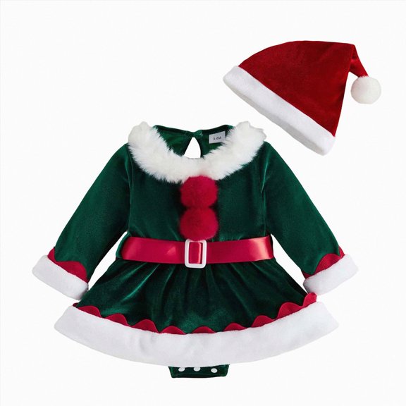 mgoYE Newborn Baby Girl Christmas Outfit Ruffle Long Sleeve Red Velvet/Plaid Romper Dress Xmas Cute Fall Winter Clothes(Green,3-6 Months)