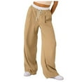 thumbnail image 1 of YFELWZ Women's Plus Size Color Contrast Draw Rope Casual Wide Leg Pocket Straight Leg Loose Wide Leg Pants Khaki M, 1 of 9