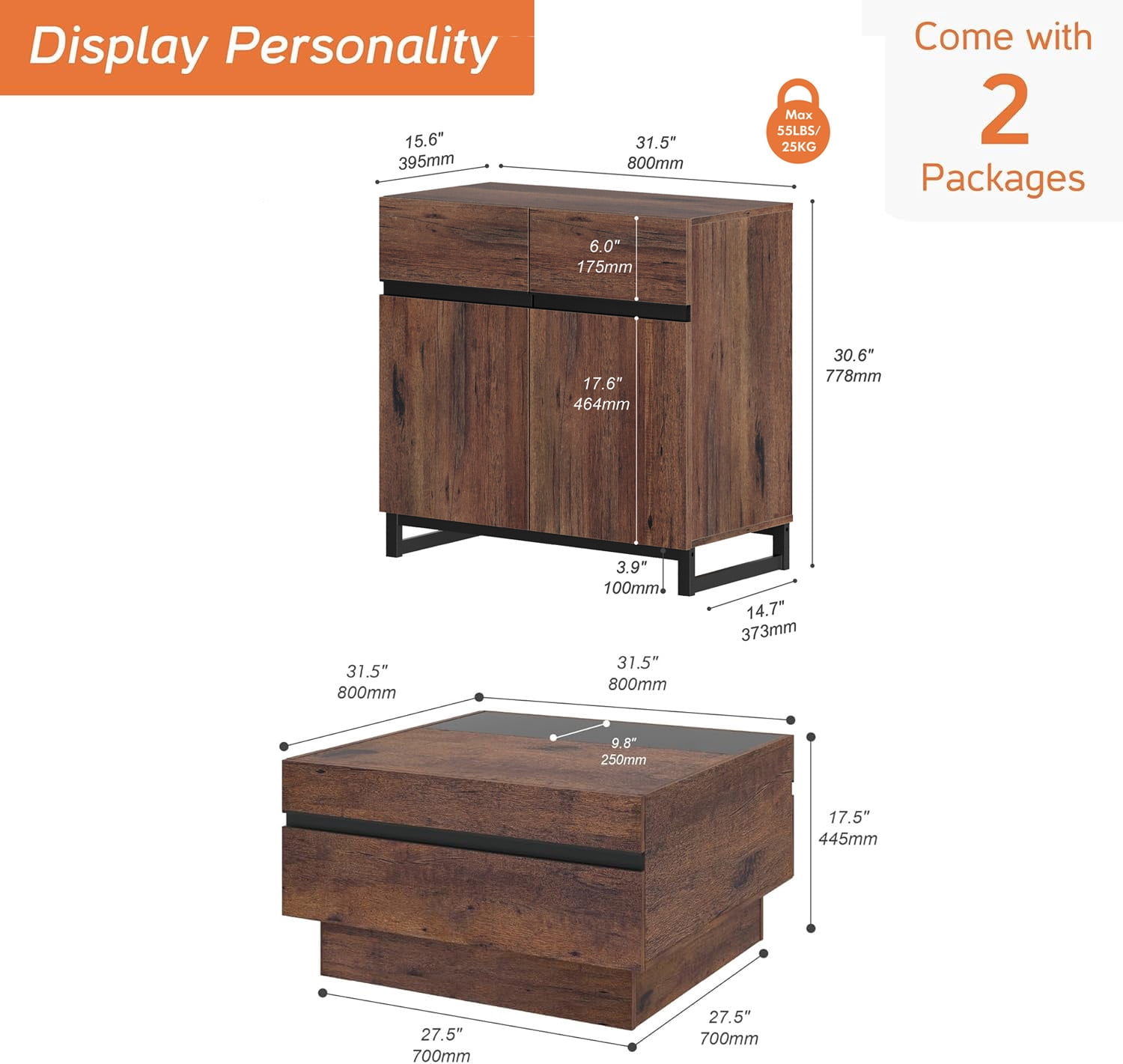 WAMPAT 2-Piece Living Room Set, 31.5" Modern TV Stand Entertainment Center, Square Coffee Table with Tempered Glass Top & 2 Storage Drawers, Brown