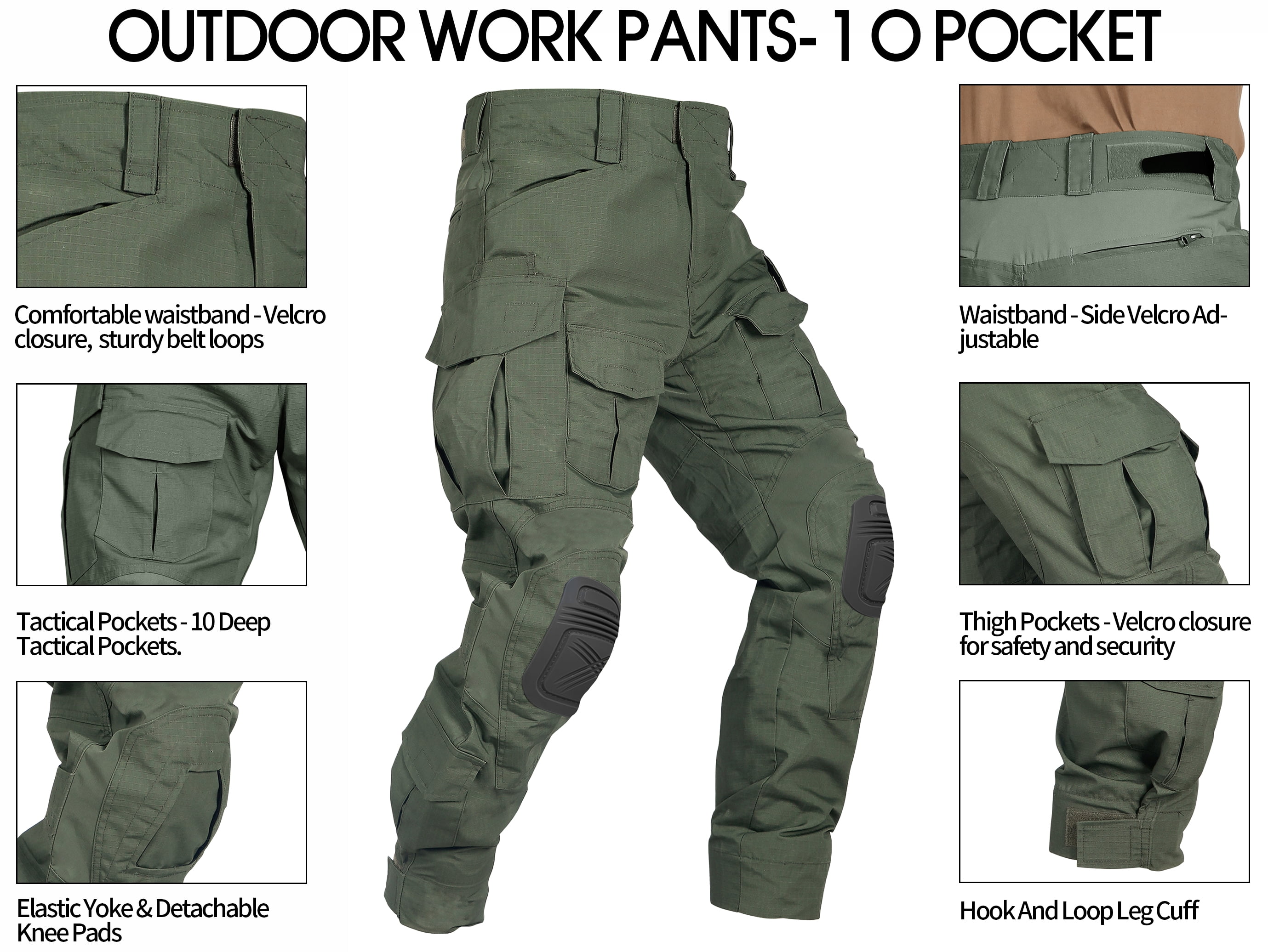 TRGPSG Men's Work Pants with Knee Pads, 10 Pockets ,Camo Outdoor Hunting Pants Waterproof Hiking Work Trousers(No Belt),Armygreen Size 32