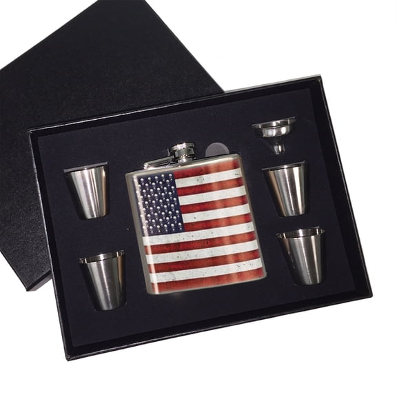 KuzmarK 6 oz. Stainless Steel Flask Set in Black Presentation Box - American Flag Pop Art Skulls