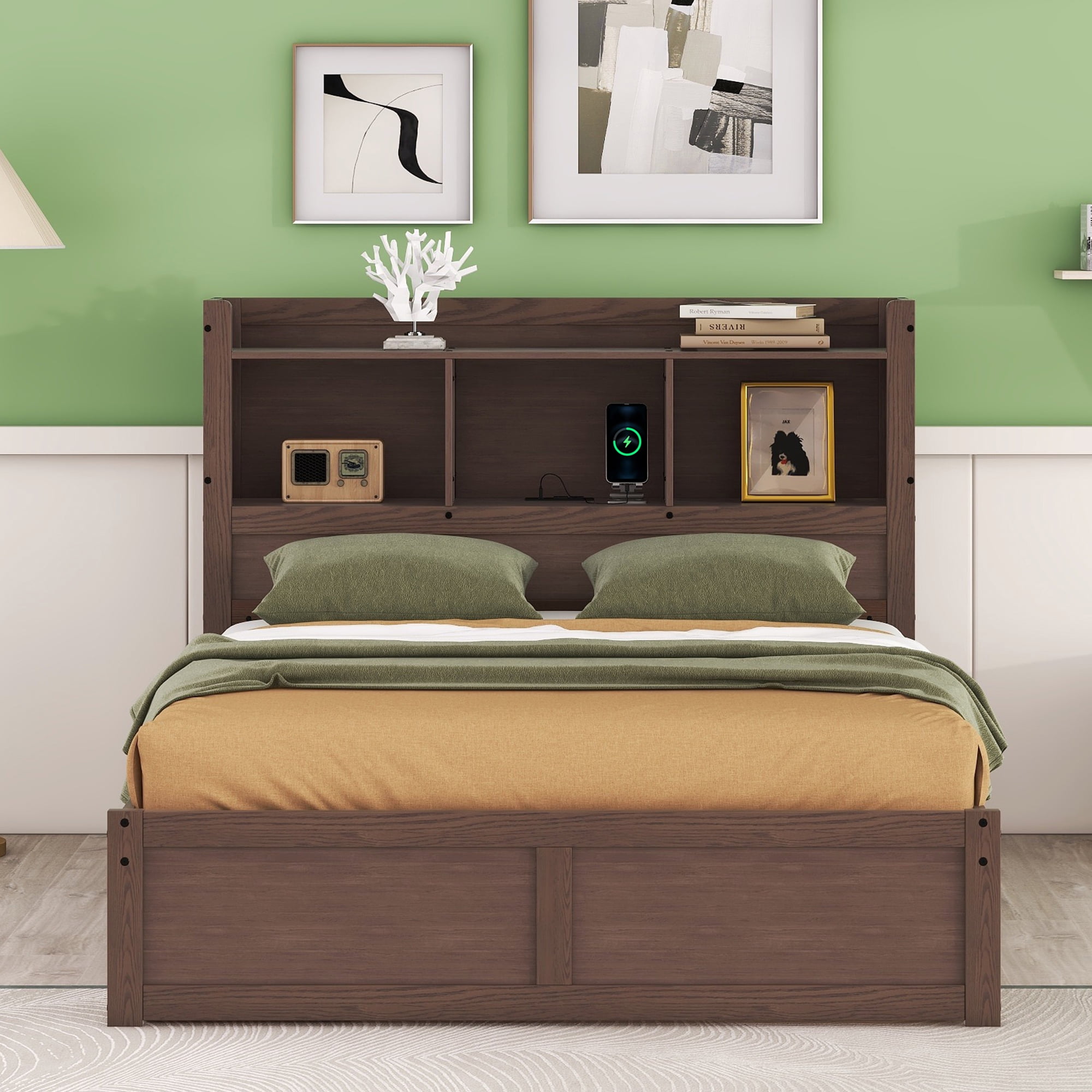 Euroco Wood Full Size Platform Bed with Movable Shelves, Trundle Bed with USB Charging Station for Kids Teens, Espresso