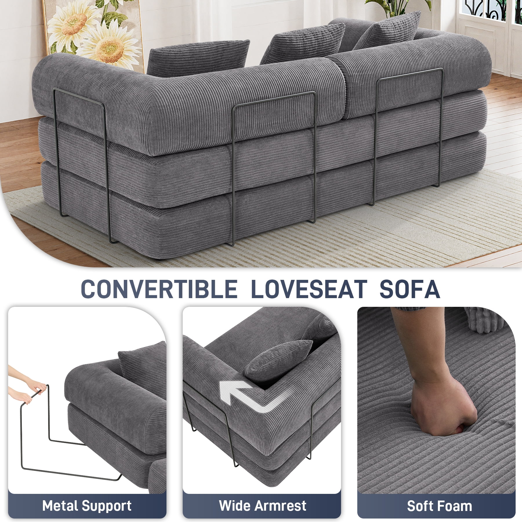 Wiilayok 78.5" Convertible Sofa Bed,Modular Corduroy Futon Sofa Couch with Pillow, 3 Seater Sofa for Living Room, Bedroom,Gray