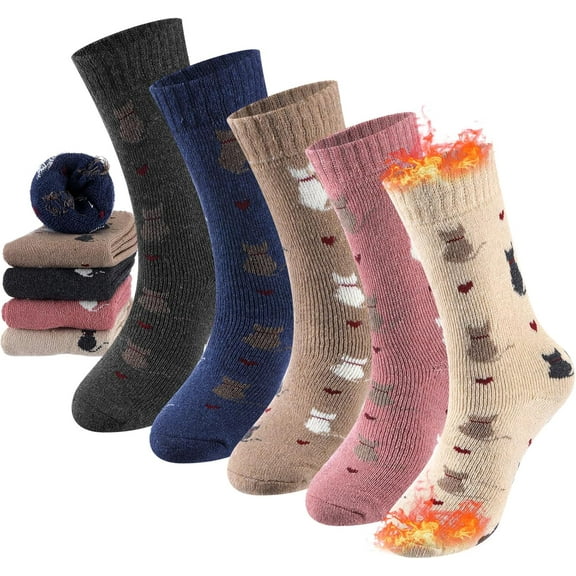 5 Pairs Wool Cat Socks for Women Cute Winter Thermal Terry Cotton Cat Boot Knit Crew Soft Socks Vintage Winter Warm Gifts for Christmas Women Girls Pet Lovers