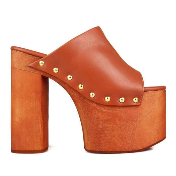 FSJ Women Open Round Toe Platform Clog Mules Studded Rivet Chunky Wooden Block High Heel Backless Summer Slide Sandals Size 8 Brown