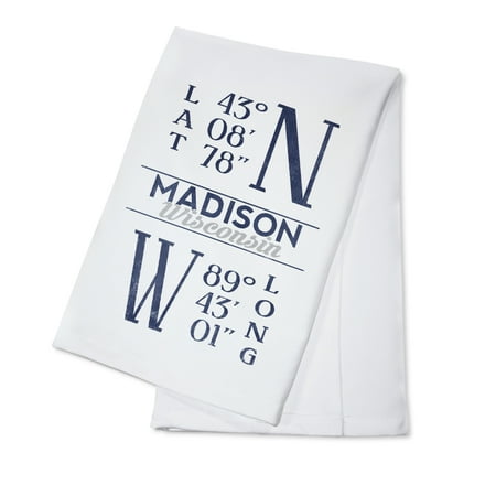 

Madison Wisconsin Latitude and Longitude (Blue) (100% Cotton Tea Towel Decorative Hand Towel Kitchen and Home)