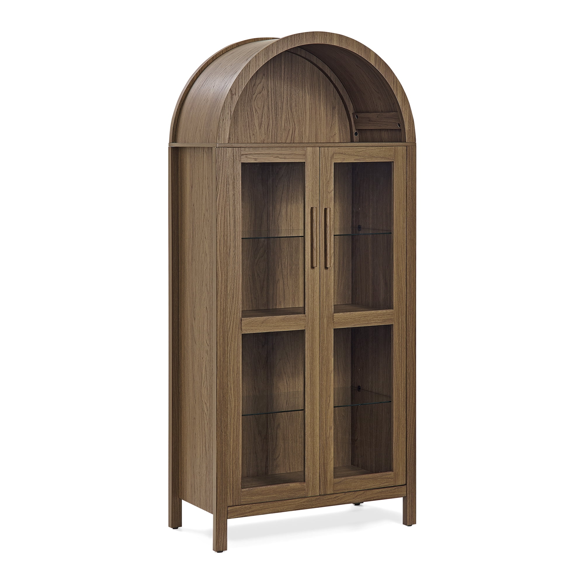 Firmoz 67" Arched Pantry Cabinet with Glass Doors, Bookcase with Lamp, Display Storage Shelf for Living Room, Kitchen Walnut