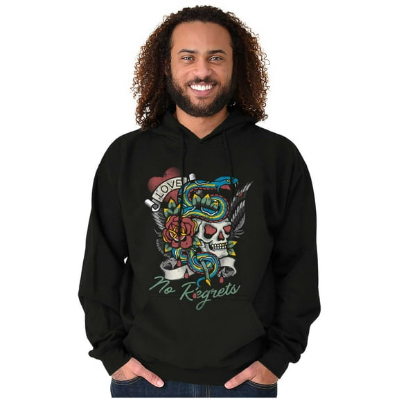 No Regrets Skull Snake Rose Tattoo Unisex Plus Fleece Graphic Hoodie Brisco Brands 2X