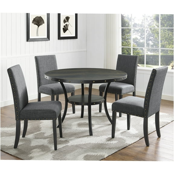 JERFIT 5-Piece Round Dining Table Set with Upholstered Chairs, Espresso Wood Kitchen Table and 4 Gray Fabric Nailhead Accent Chairs for Dining Room