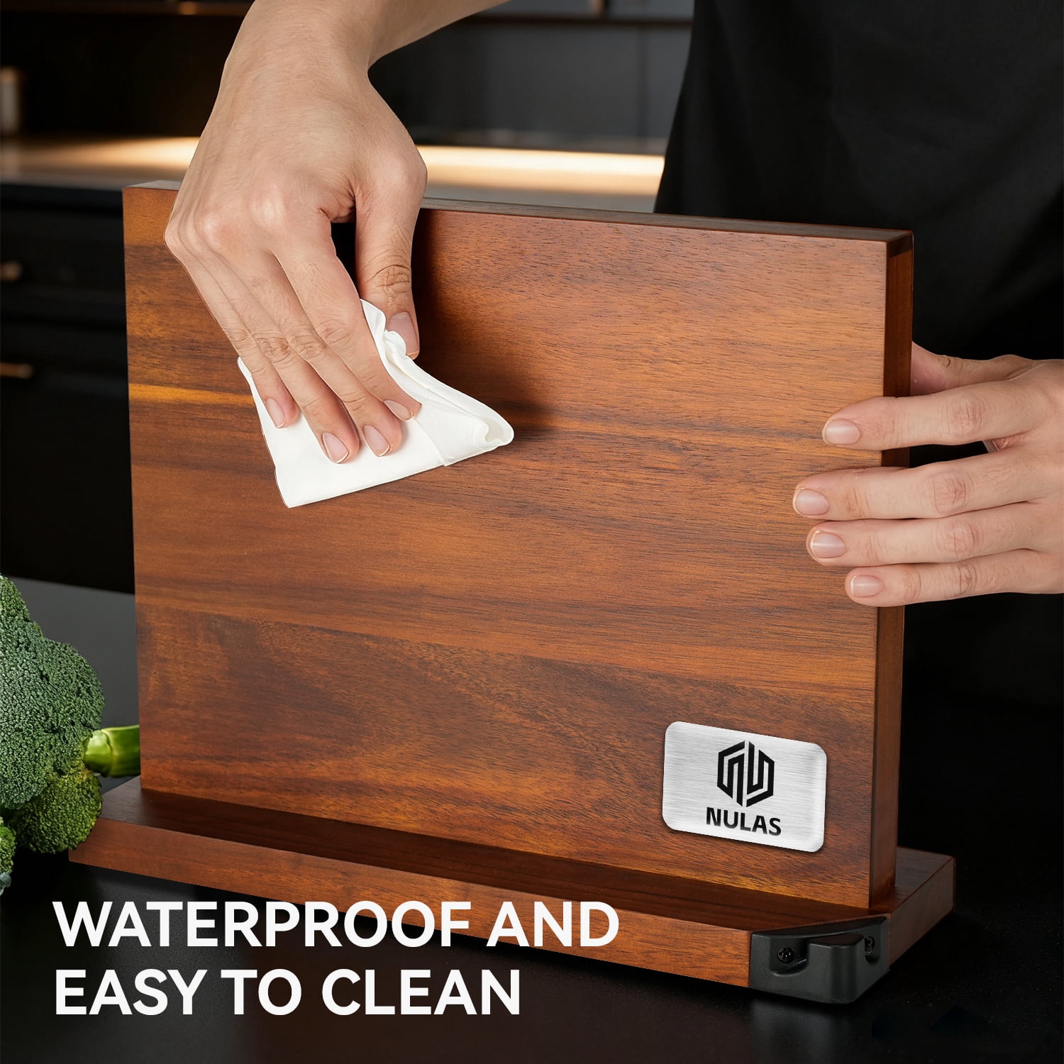 NULAS Magnetic Knife Block with Built-in Sharpener, Solid Wood Countertop Holder for Knives & Tools, No-Slip Base, Space-Saving Kitchen Organizer